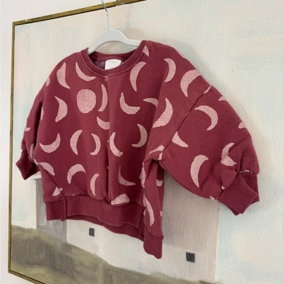 ZARA Maroon Red Moon Print Crewneck Sweatshirt Size 18-24 M - Picture 3 of 5